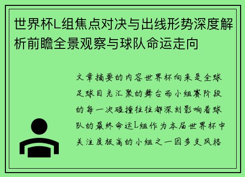 世界杯L组焦点对决与出线形势深度解析前瞻全景观察与球队命运走向